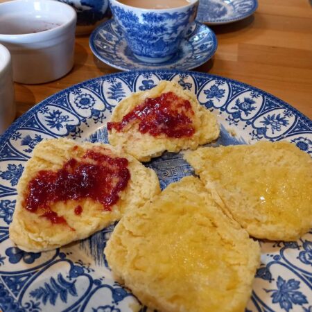 Griddle bread with jam and butter